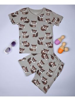 Be Awara - Half Sleeves Cotton T-shirt & Shorts Racoon Print Grey (Set of 2)