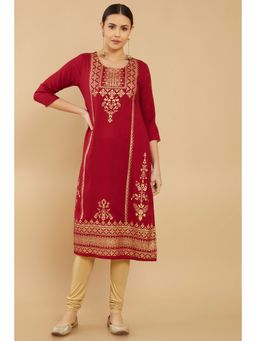 Soch - Women Red Rayon Embroidered Kurta