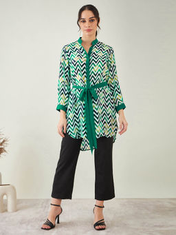 First Resort by Ramola Bachchan - Green and White Chevron Dress (Set of 2)