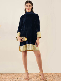 First Resort by Ramola Bachchan - Blue Silk Velvet Dress with Gold Sequin Border
