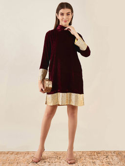 First Resort by Ramola Bachchan - Maroon Silk Velvet Dress with Gold Sequin Border
