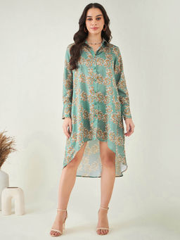 First Resort by Ramola Bachchan - Green and Brown Floral Hi-Low Dress