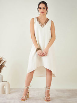 First Resort by Ramola Bachchan - Off-White A-Line Linen Dress with Cut Dana Lace Detail