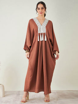 First Resort by Ramola Bachchan - Brown Linen Full Length Kaftan with Tassels Detail