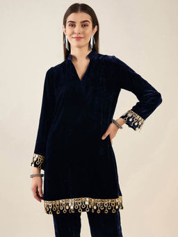 First Resort by Ramola Bachchan - Blue Silk Velvet Kurta with Mirror Lace Detail