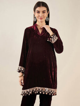 First Resort by Ramola Bachchan - Maroon Silk Velvet Kurta with Mirror Lace Detail