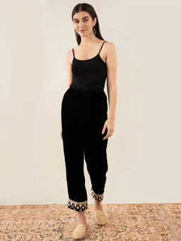 First Resort by Ramola Bachchan - Black Silk Velvet Straight Pant with Mirror Lace Detail