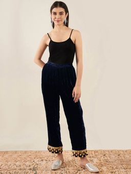 First Resort by Ramola Bachchan - Blue Silk Velvet Straight Pant with Mirror Lace Detail