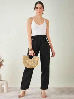 First Resort by Ramola Bachchan - Black Linen Pant with Lace Detail