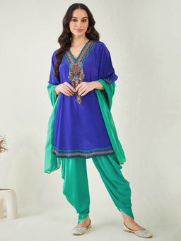 First Resort by Ramola Bachchan - Blue Embellished Tunic with Dhoti Pant and Dupatta (Set of 3)