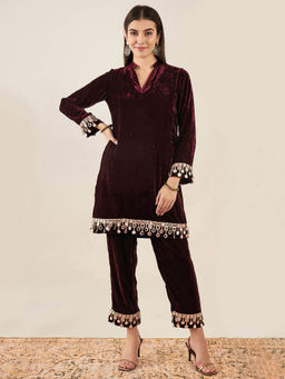 First Resort by Ramola Bachchan - Maroon Velvet Kurta & Pant with Mirror Lace (Set of 2)