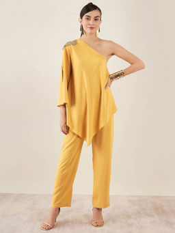 First Resort by Ramola Bachchan - Mustard One-Shoulder Embroidered Top with Pant (Set of 2)