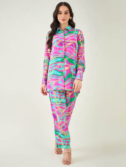 First Resort by Ramola Bachchan - Pink and Green Marine Wave Print Shirt and Pant (Set of 2)