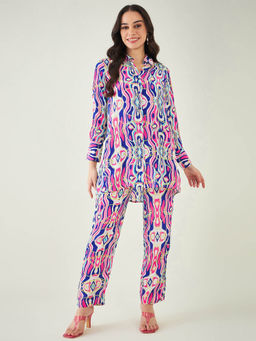 First Resort by Ramola Bachchan - Blue and Pink Marine Wave Print Shirt and Pant (Set of 2)