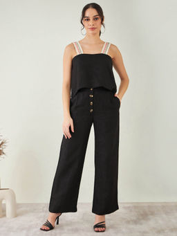 First Resort by Ramola Bachchan - Black Linen Crop Top with Straight Pant (Set of 2)