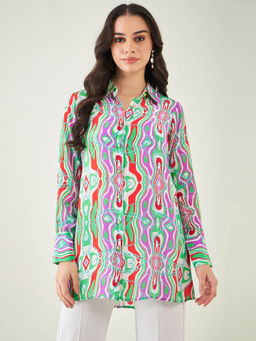 First Resort by Ramola Bachchan - Green and Orange Marine Wave Print Shirt