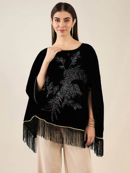 First Resort by Ramola Bachchan - Black Embroidered Velvet Poncho