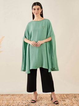 First Resort by Ramola Bachchan - Seafood Green Embellished Long Cashmere Poncho