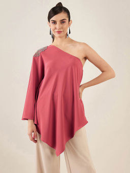 First Resort by Ramola Bachchan - Rouge Red One-Shoulder Crystal Embroidered Top