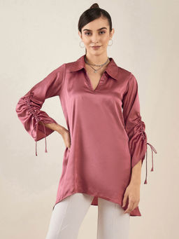 First Resort by Ramola Bachchan - Old Rose Gathered Sleeves Embellished Satin Tunic