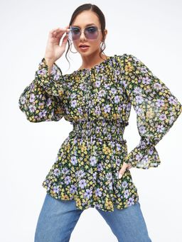 Kibo - Grorgette Floral Print Wide Neck Top for Women