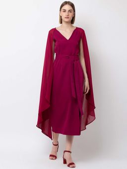 Dodo & Moa - Women Maroon Cape Midi Dress with Belt (Set of 2)