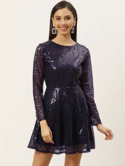 Dodo & Moa - Women Navy Blue Full Sleeves Mini Dress