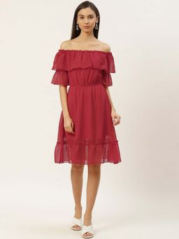 Dodo & Moa - Women Red Half Sleeves Knee Length Dress
