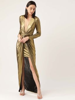 Dodo & Moa - Women Gold Full Sleeves Maxi Dress