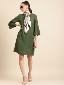 Dodo & Moa - Women Olive Three Fourth Sleeves Knee Length Dress