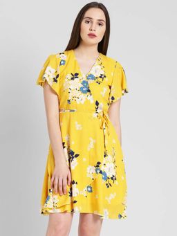 Dodo & Moa - Women Yellow Half Sleeves Mini Dress with Belt (Set of 2)