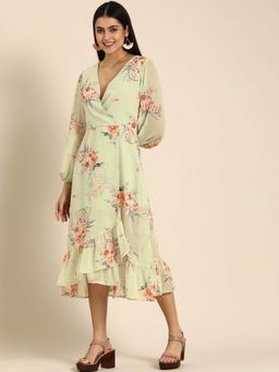 Dodo & Moa - Women Green Three Fourth Sleeves Midi Dress