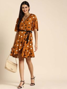 Dodo & Moa - Women Brown Flared Sleeves Mini Dress with Belt (Set of 2)