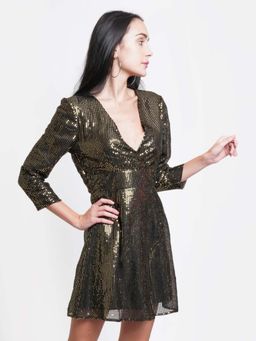 Dodo & Moa - Women Gold Three Fourth Sleeves Mini Dress