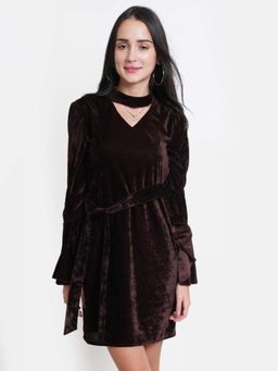 Dodo & Moa - Women Brown Flared Sleeves Mini Dress with Belt (Set of 2)