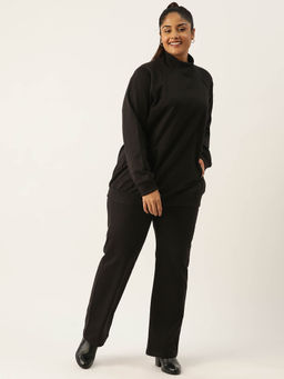 theRebelinme - Plus Size Womens Black Solid Ribbed Sweatshirt with Trousers (Set of 2)
