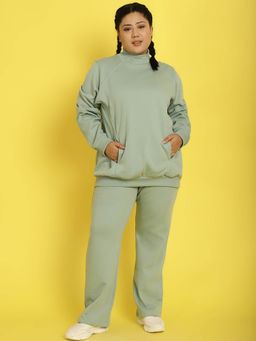 theRebelinme - Plus Size Womens Light Green Solid Ribbed Sweatshirt with Trousers (Set of 2)