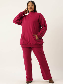 theRebelinme - Plus Size Womens Maroon Solid Ribbed Sweatshirt with Trousers (Set of 2)