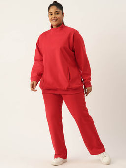 theRebelinme - Plus Size Womens Red Solid Ribbed Sweatshirt with Trousers (Set of 2)