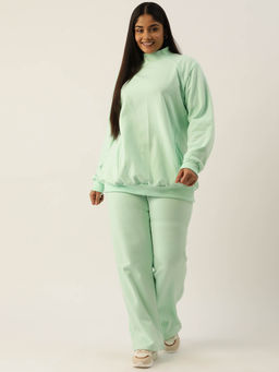 theRebelinme - Plus Size Womens Sea Green Solid Ribbed Sweatshirt with Trousers (Set of 2)