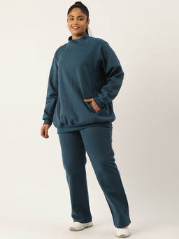 theRebelinme - Plus Size Womens Teal Solid Ribbed Sweatshirt with Trousers (Set of 2)
