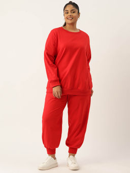 theRebelinme - Plus Size Womens Red Solid Sweatshirt with Joggers (Set of 2)
