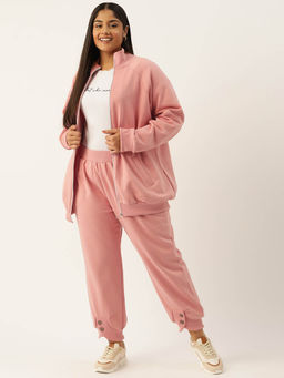 theRebelinme - Plus Size Womens Pink Solid High Neck Sweatshirt with Trousers (Set of 2)