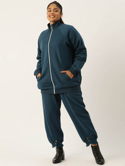 theRebelinme - Plus Size Womens Teal Solid High Neck Sweatshirt with Trousers (Set of 2)