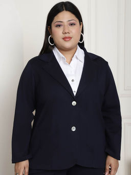 theRebelinme - Plus Size Navy Blue Solid Single Breasted Formal Blazer