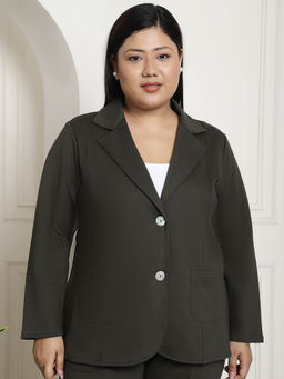theRebelinme - Plus Size Olive Solid Single Breasted Formal Blazer