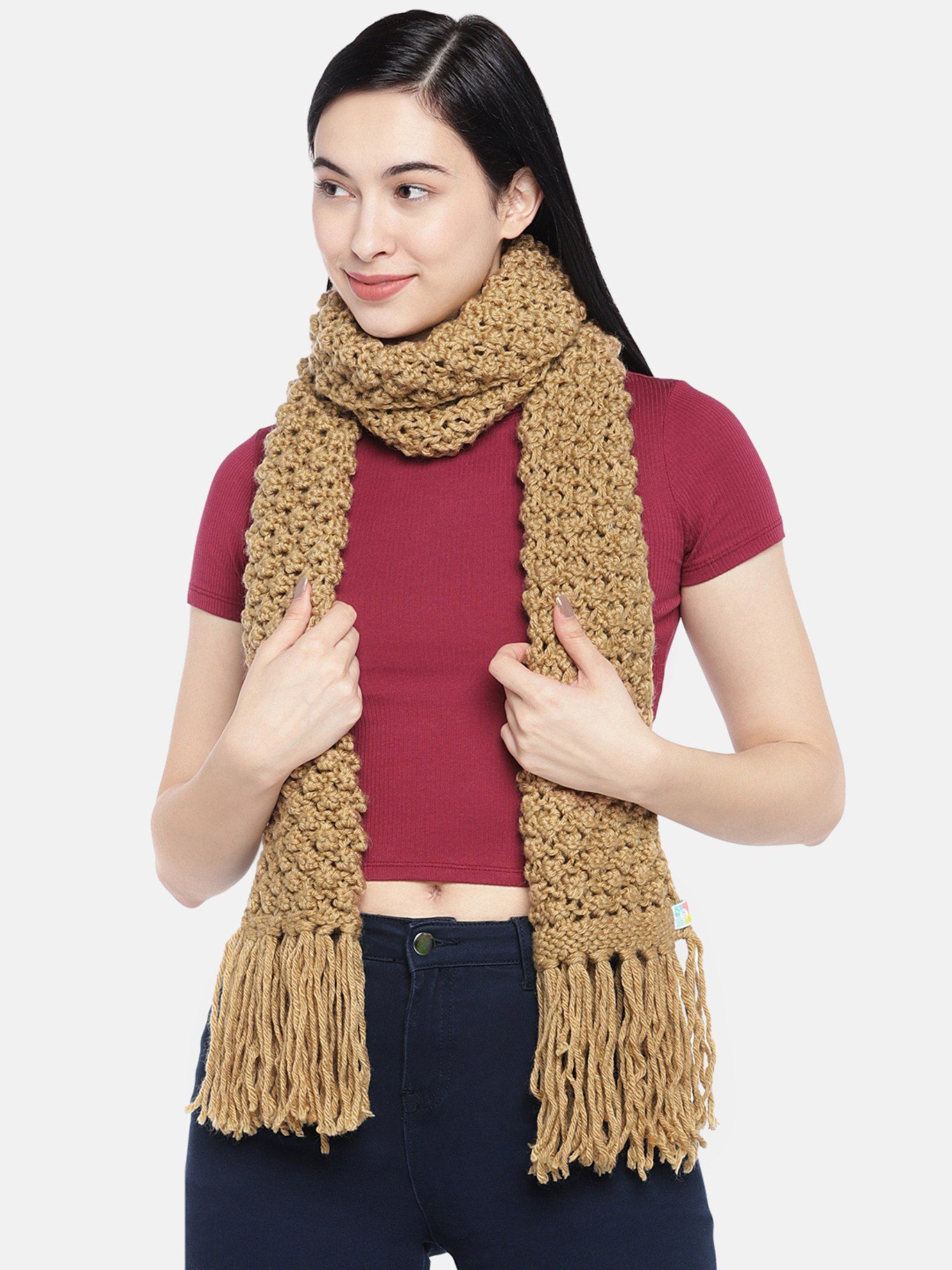 magic needles Women Khaki Self Design Bobble Stitch Handmade Scarf-picture-25