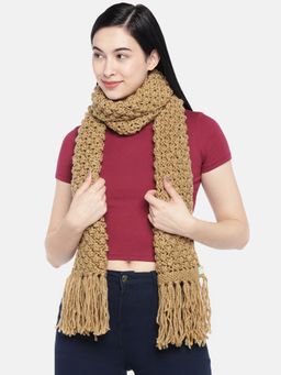 Magic Needles - Women Khaki Self Design Bobble Stitch Handmade Scarf
