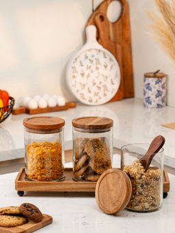 IREKA HOMES - Brown Trine Acacia Wood Airtight Lids Glass Jars with Tray