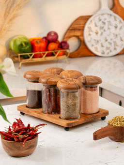 IREKA HOMES - Brown Zest Acacia Wood Airtight Lids Glass Jars with Tray